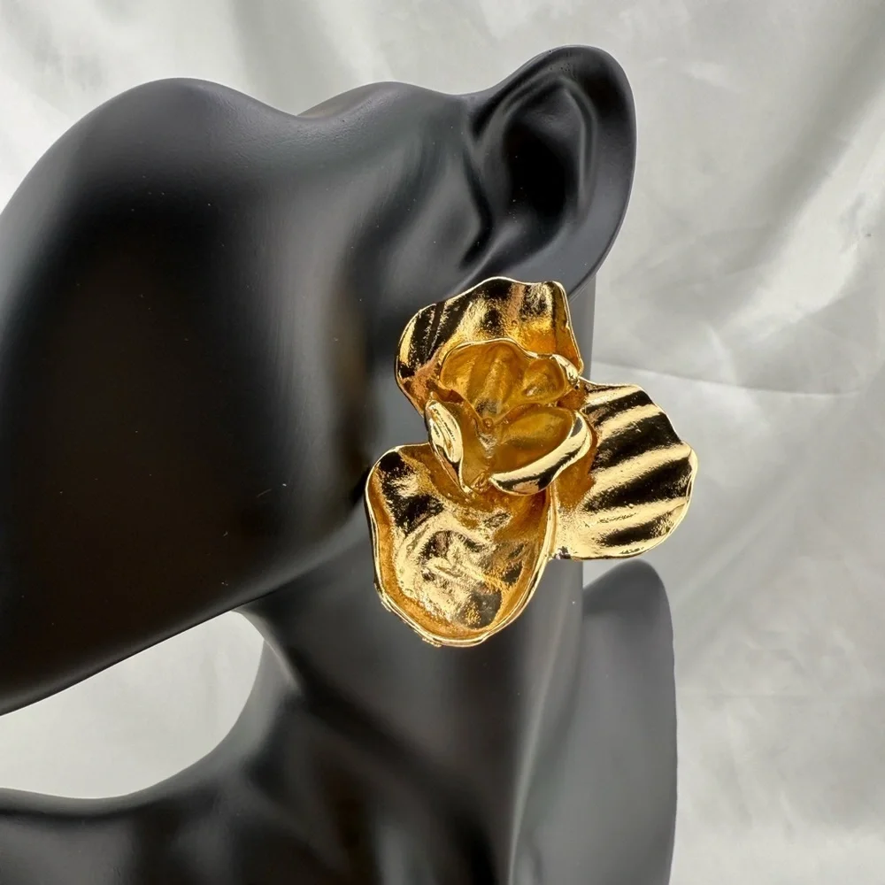 Gold flora orchid gold color unique Floral Statement Earrings